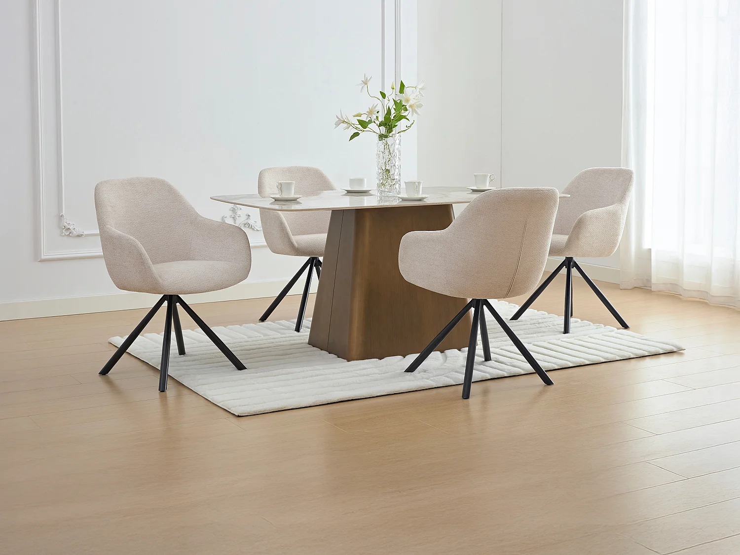 Lot de 6 chaises avec accoudoirs en tissu texturé et métal noir - Crème - CILIENO