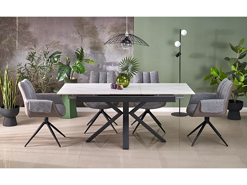 Esstisch Platan/Gesinterter&Metall/Ausziehbar/Weiss&Schwarz