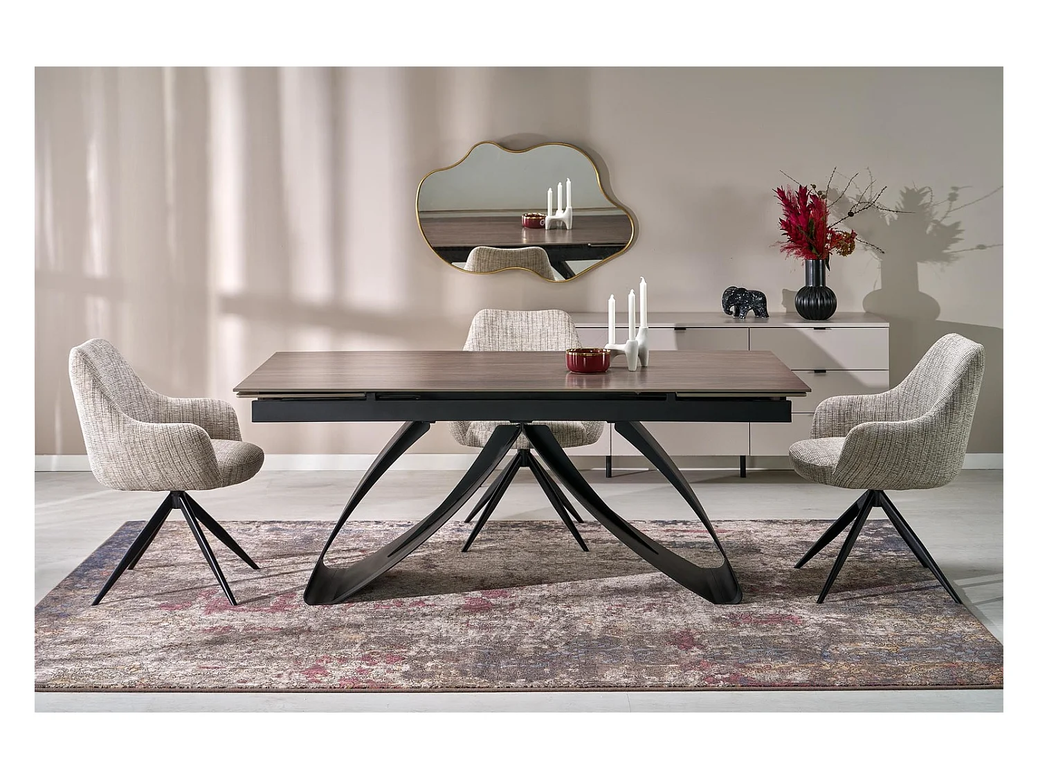 Tavolo da pranzo Hilario/Sinterizzato e metallo/Estensibile/Nero&Marrone