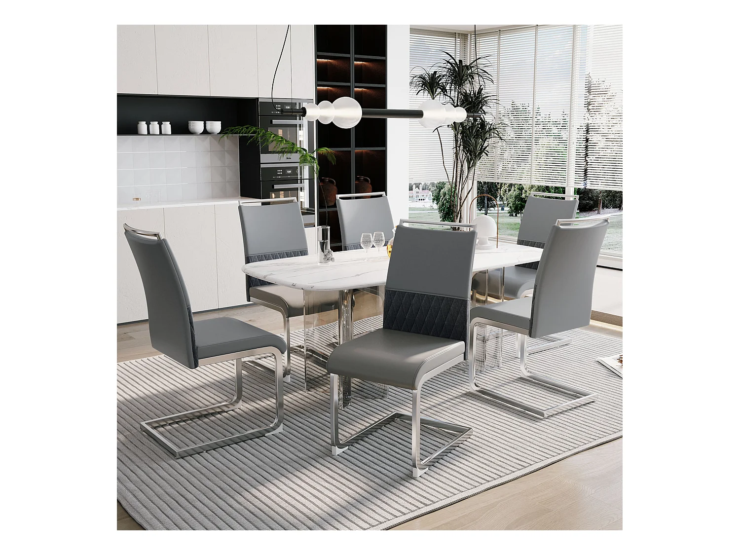 Ensemble de 6 chaises de salle à manger modernes, dossier en cuir PU et lin, dossier haut rembourré, motif à rayures horizontales, gris