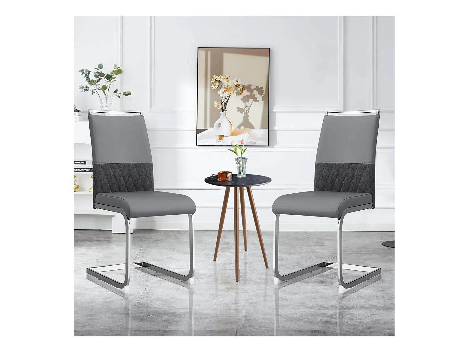 Ensemble de 6 chaises de salle à manger modernes, dossier en cuir PU et lin, dossier haut rembourré, motif à rayures horizontales, gris