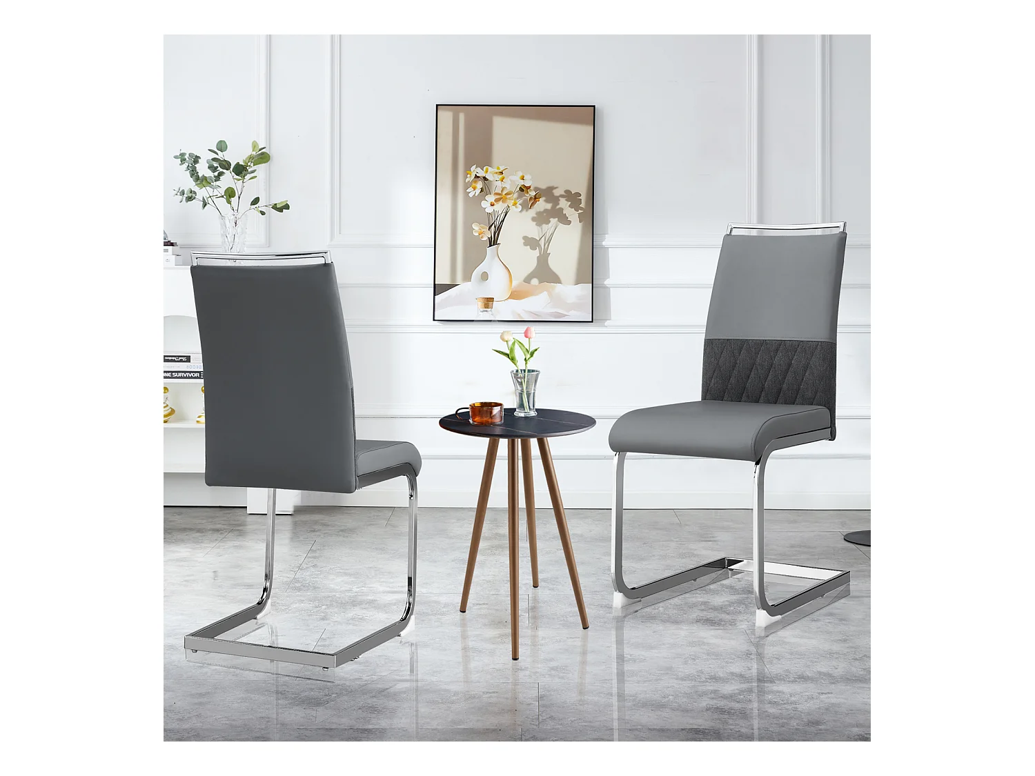 Ensemble de 6 chaises de salle à manger modernes, dossier en cuir PU et lin, dossier haut rembourré, motif à rayures horizontales, gris