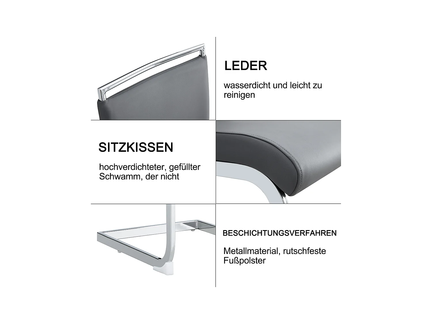 Ensemble de 6 chaises de salle à manger modernes, dossier en cuir PU et lin, dossier haut rembourré, motif à rayures horizontales, gris