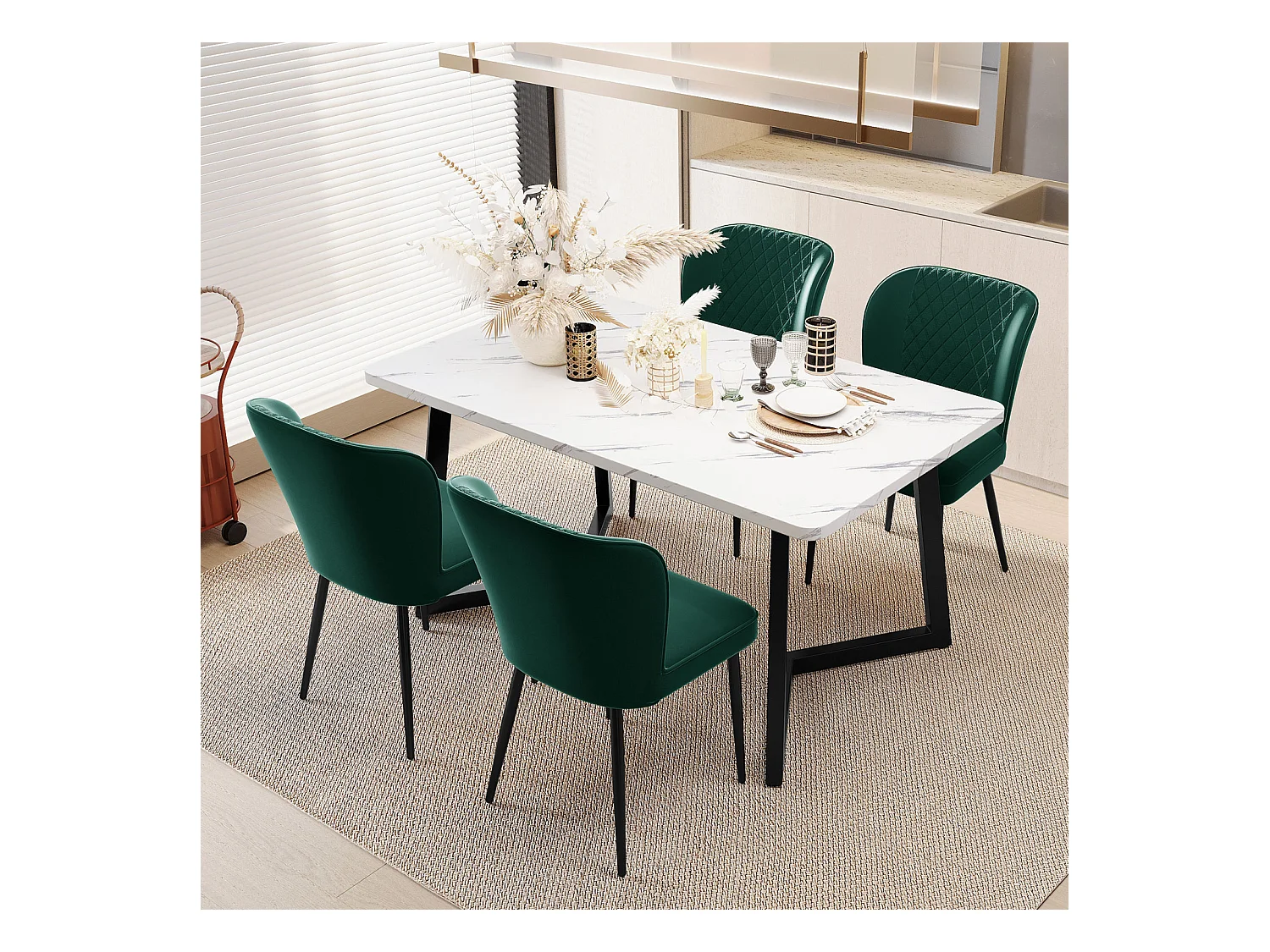 Ensemble de 4 chaises de salle à manger, vert foncé, design de chaise rembourrée avec dossier, velours, structure en métal