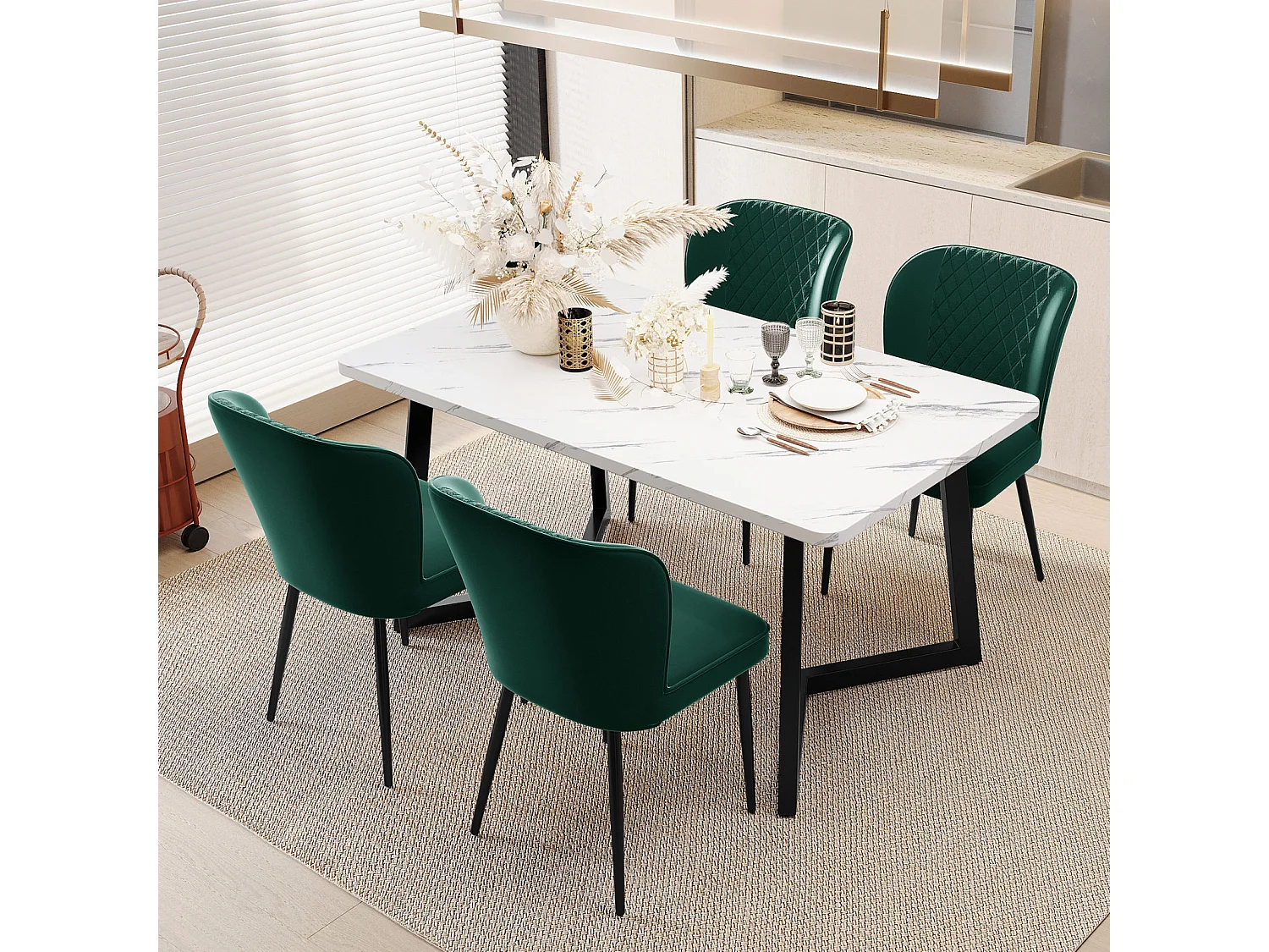 Esszimmerstuhl 4er-Set, Dunkelgrün, Polsterstuhl Design mit Rückenlehne, Samt, Metallgestell