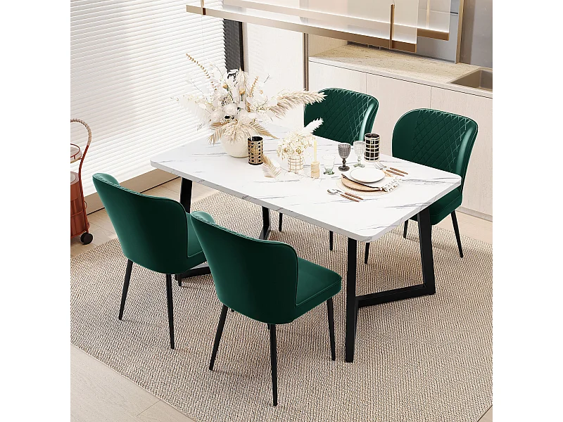 Eetkamerstoelset van 4, donkergroen, gestoffeerd stoelontwerp met rugleuning, fluweel, metalen frame