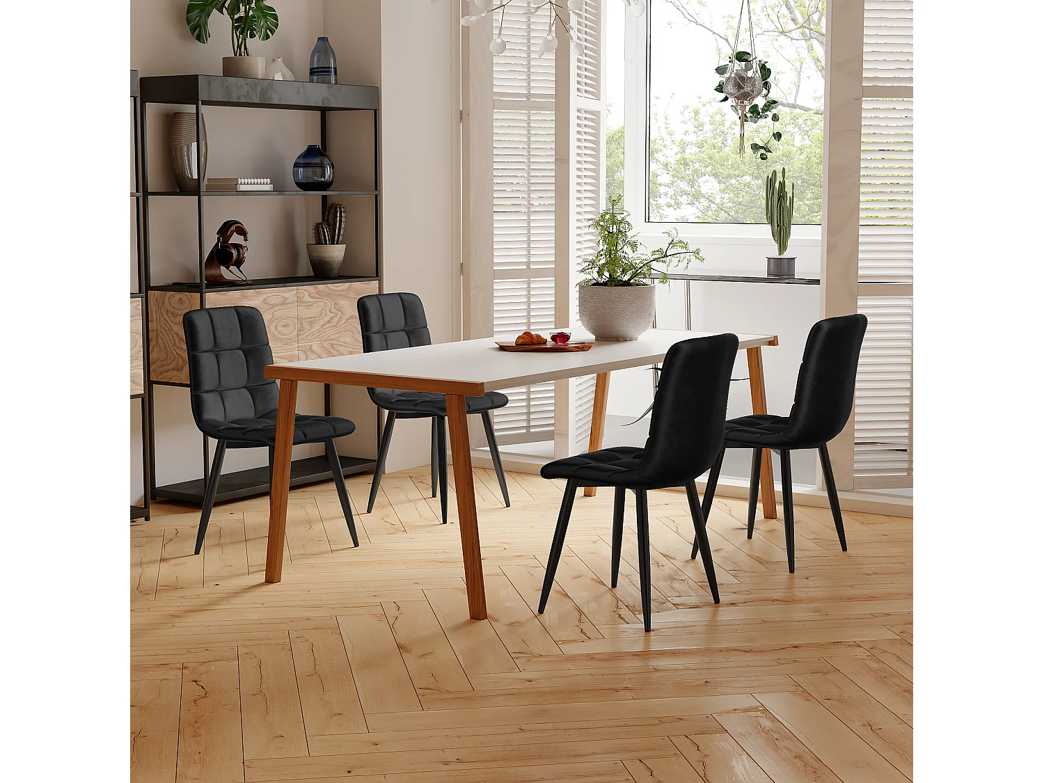 Eetkamerstoelset van 4, zwart, gestoffeerd stoelontwerp met rugleuning, fluweel, metalen frame