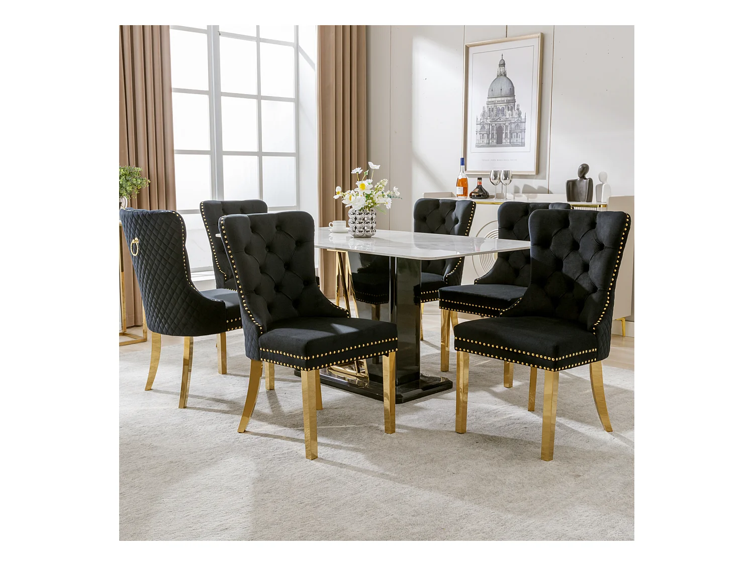 Esszimmerstuhl 6er-Set, Polsterstuhl mit Nagelkopfbesatz, Stützbeine aus vergoldetem Edelstahl, Samt, Schwarz/Gold, mit Runde Zugringe
