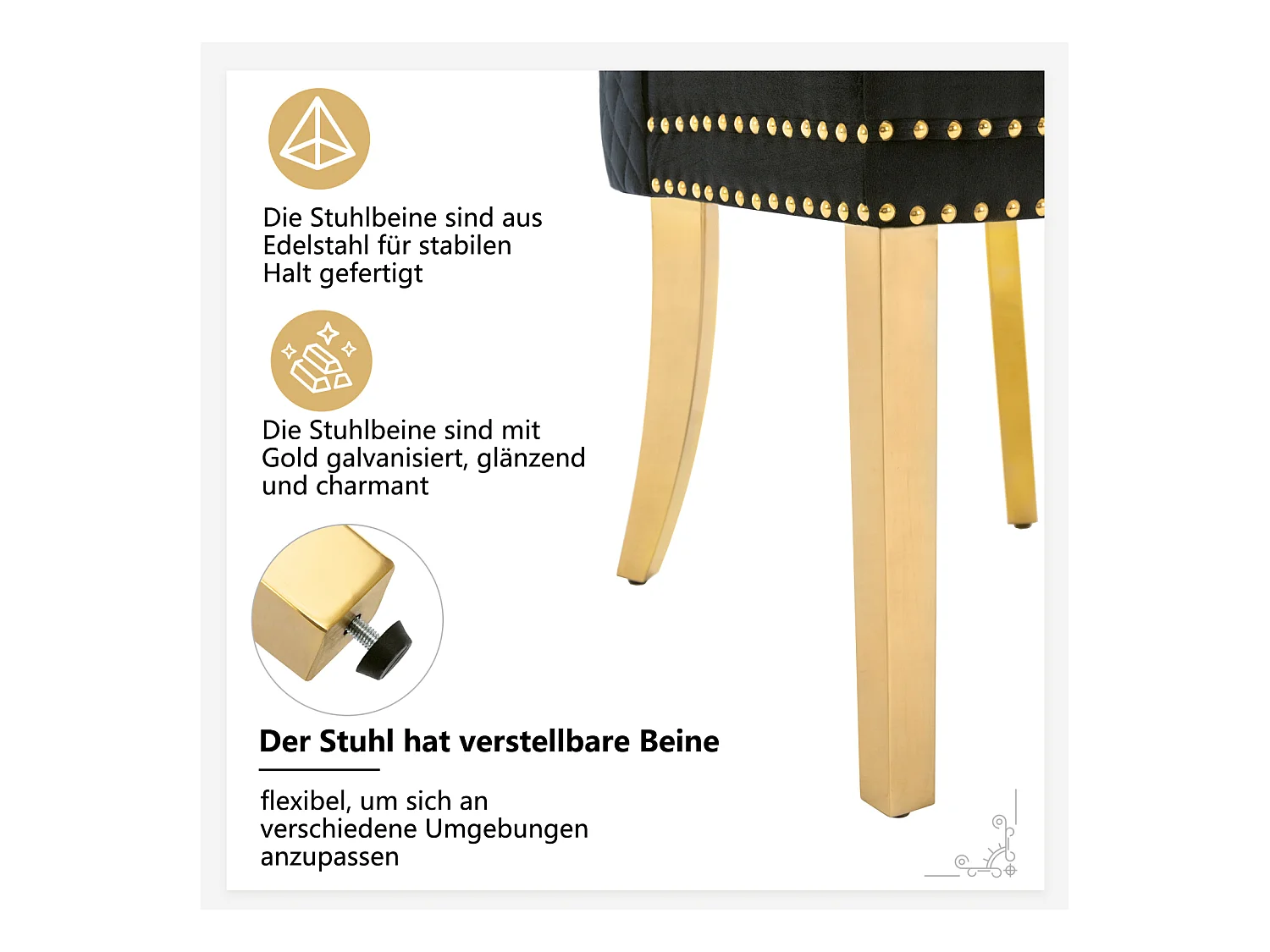 Esszimmerstuhl 6er-Set, Polsterstuhl mit Nagelkopfbesatz, Stützbeine aus vergoldetem Edelstahl, Samt, Schwarz/Gold, mit Runde Zugringe