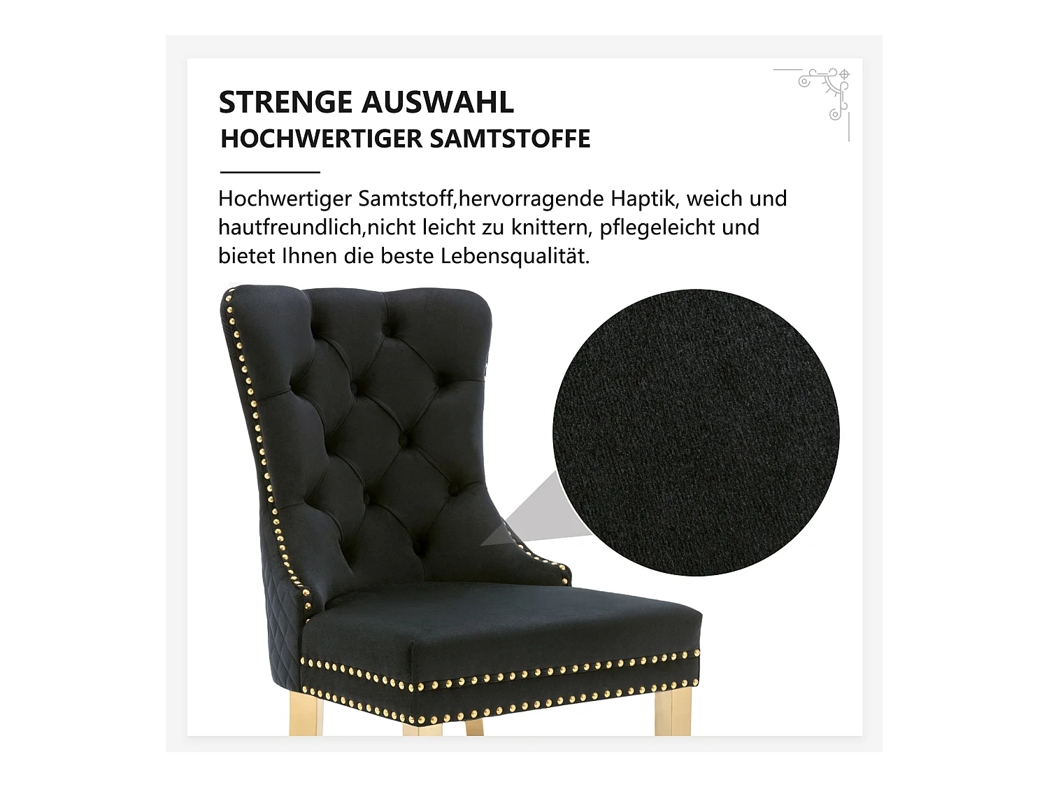 Esszimmerstuhl 6er-Set, Polsterstuhl mit Nagelkopfbesatz, Stützbeine aus vergoldetem Edelstahl, Samt, Schwarz/Gold, mit Runde Zugringe