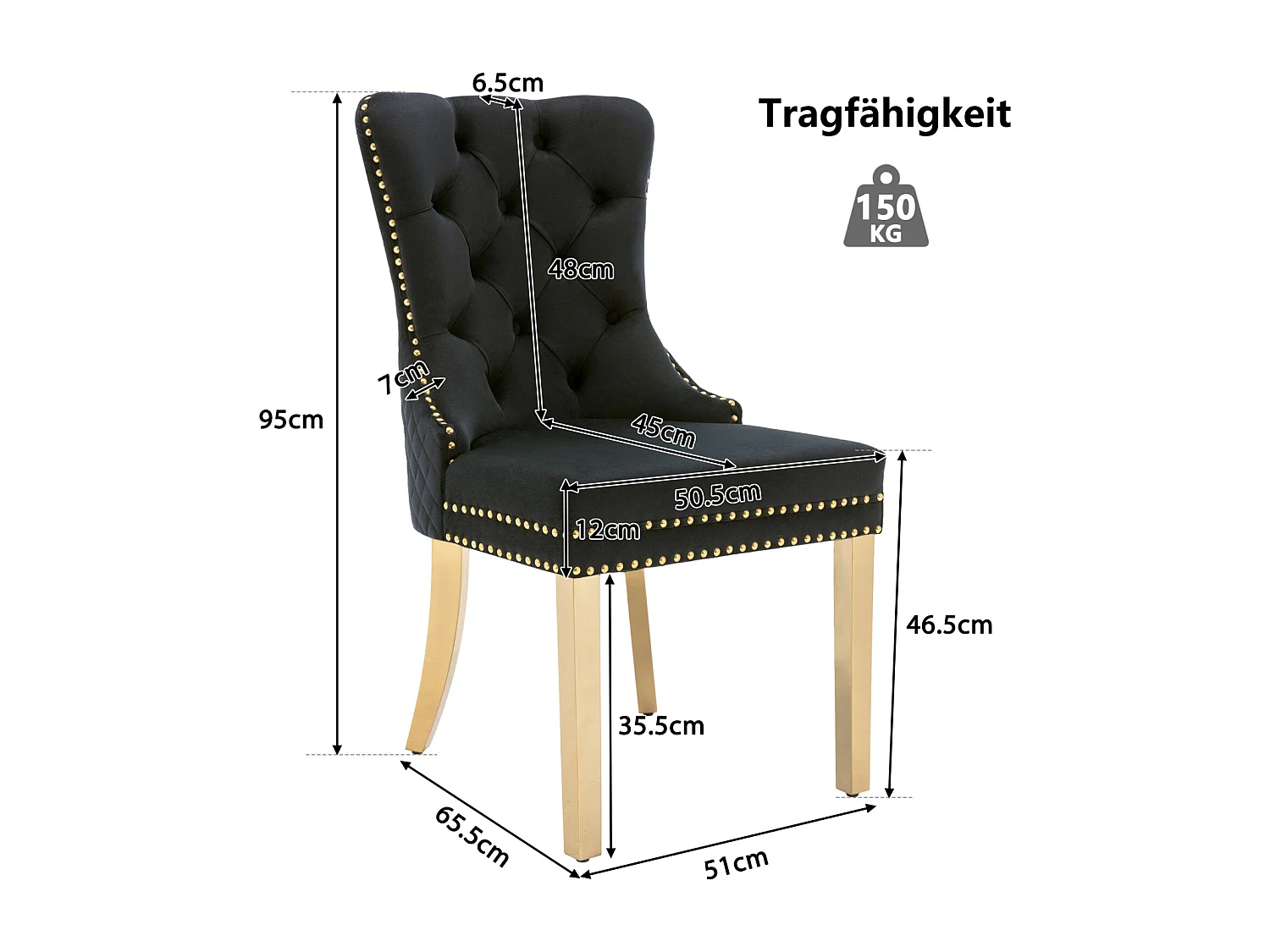Ensemble de 6 chaises noir et or velours, dossier à anneaux et cloutage décoratif. Siège rembourré, pieds en acier plaqué or. Luxe moderne et confort.