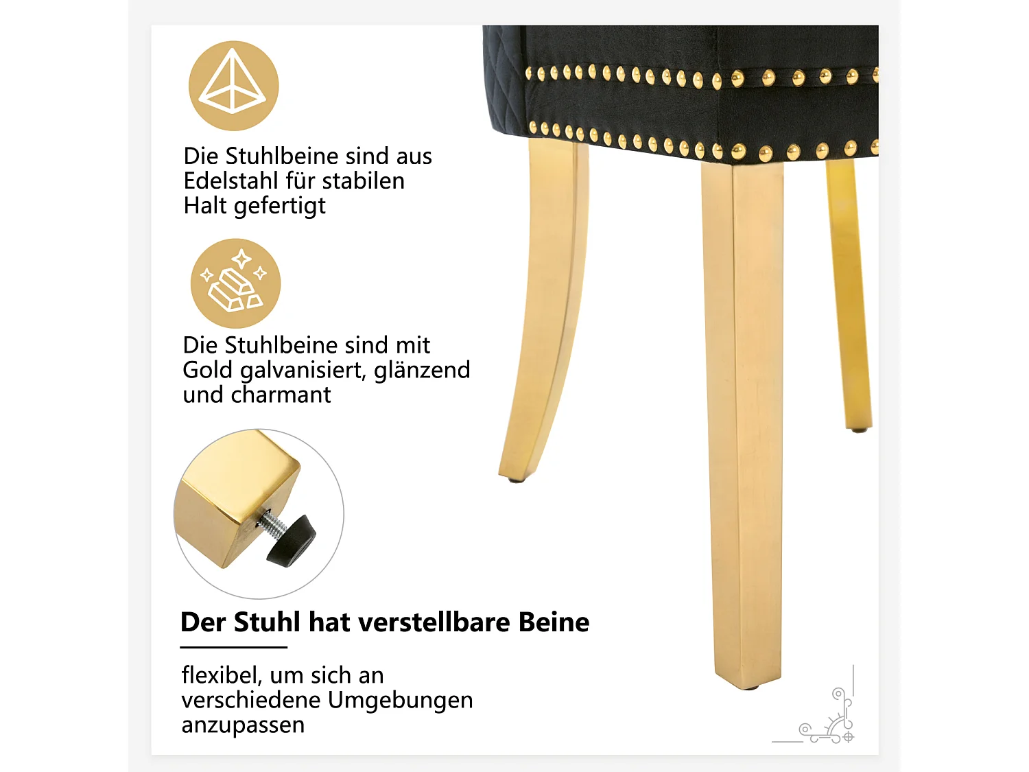 Ensemble de 6 chaises noir et or velours, dossier à anneaux et cloutage décoratif. Siège rembourré, pieds en acier plaqué or. Luxe moderne et confort.