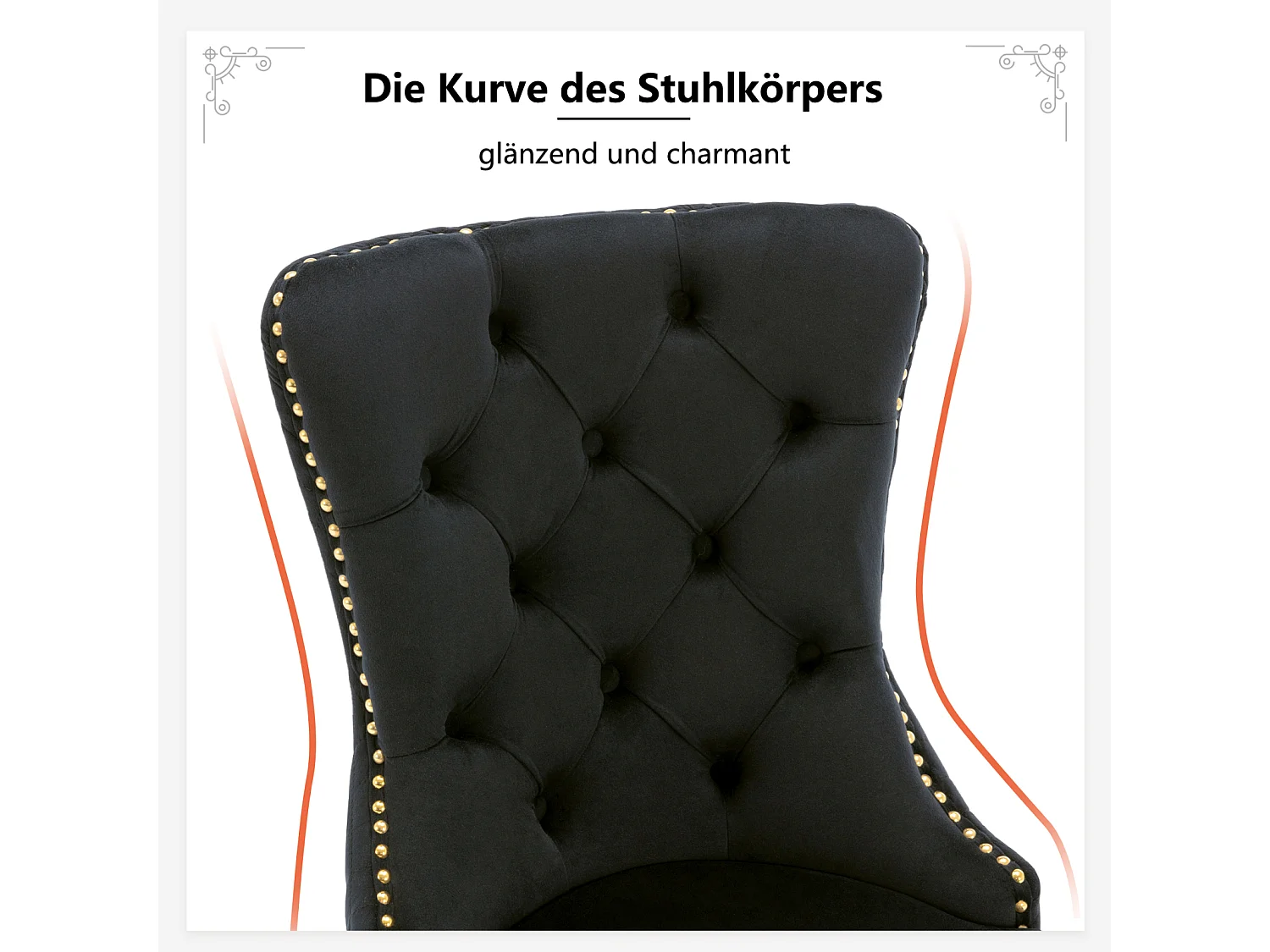 Ensemble de 6 chaises noir et or velours, dossier à anneaux et cloutage décoratif. Siège rembourré, pieds en acier plaqué or. Luxe moderne et confort.