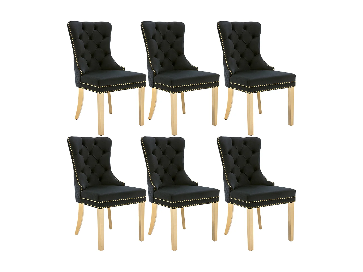 Ensemble de 6 chaises noir et or velours, dossier à anneaux et cloutage décoratif. Siège rembourré, pieds en acier plaqué or. Luxe moderne et confort.