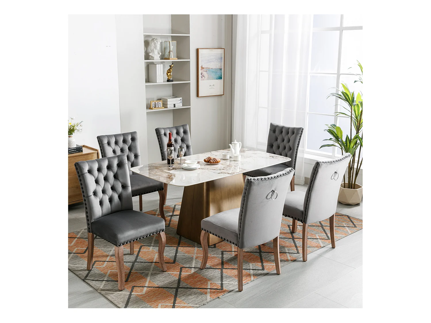 Conjunto de 6 cadeiras de jantar, cadeira estofada com acabamento em tachas, pernas de madeira maciça, capa de veludo, cinza, com design de aldrava