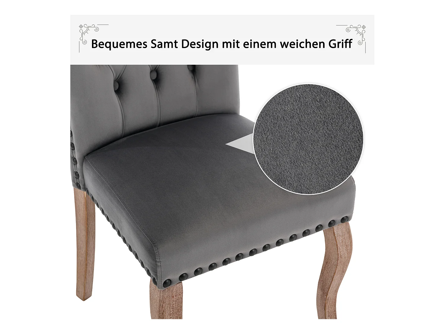 Conjunto de 6 cadeiras de jantar, cadeira estofada com acabamento em tachas, pernas de madeira maciça, capa de veludo, cinza, com design de aldrava