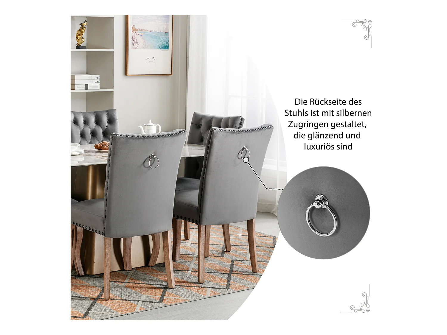 Conjunto de 6 cadeiras de jantar, cadeira estofada com acabamento em tachas, pernas de madeira maciça, capa de veludo, cinza, com design de aldrava