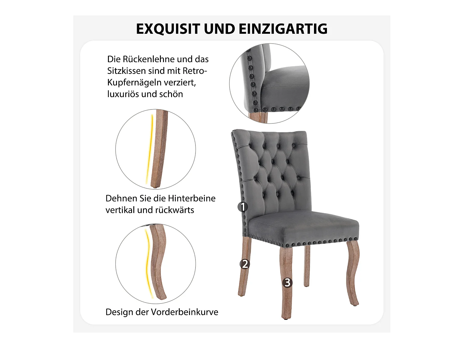 Conjunto de 6 cadeiras de jantar, cadeira estofada com acabamento em tachas, pernas de madeira maciça, capa de veludo, cinza, com design de aldrava