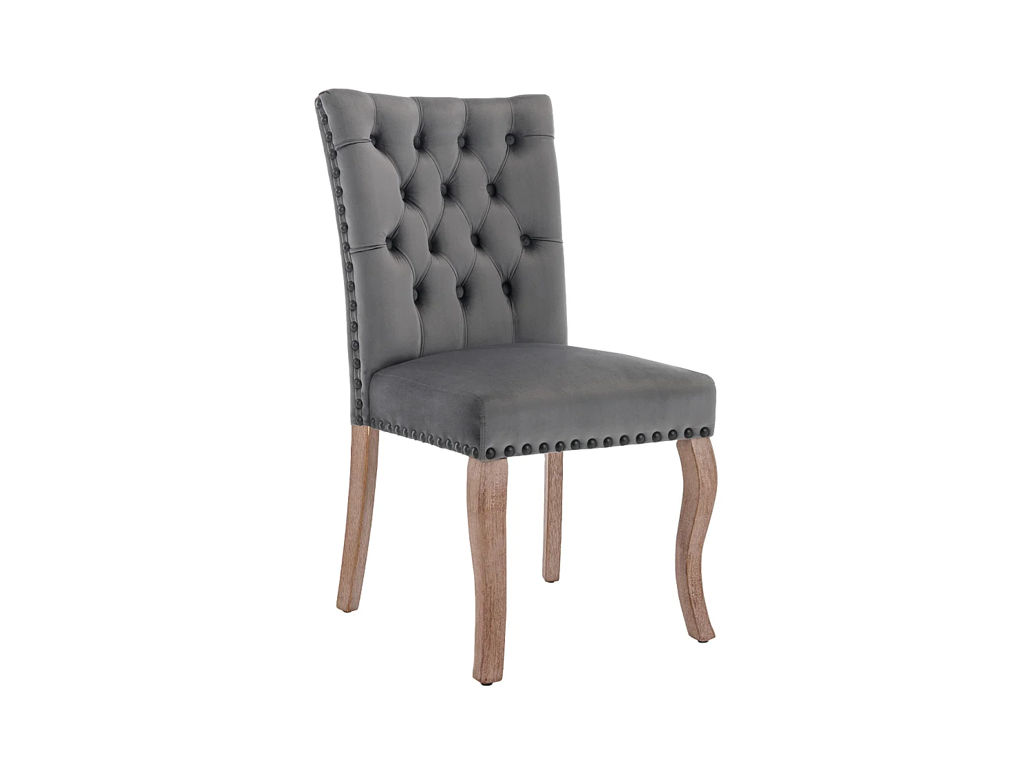 Conjunto de 6 cadeiras de jantar, cadeira estofada com acabamento em tachas, pernas de madeira maciça, capa de veludo, cinza, com design de aldrava