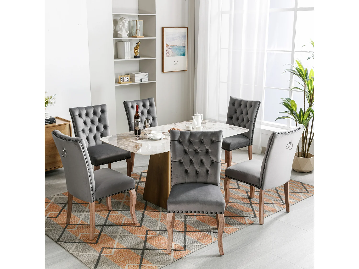 Set di 6 sedie da pranzo, sedia imbottita con finiture a borchie, gambe in legno massello, rivestimento in velluto, grigio, con design a batacchio