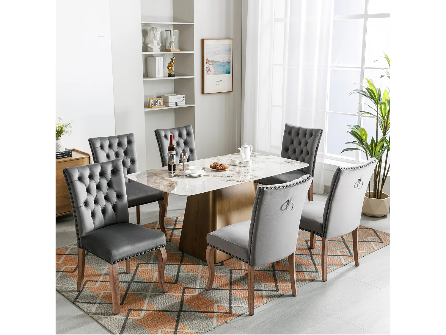 Eetkamerstoelset van 6, gestoffeerde stoel met spijkerkopafwerking, poten van massief hout, fluwelen bekleding, grijs, met deurklopperontwerp