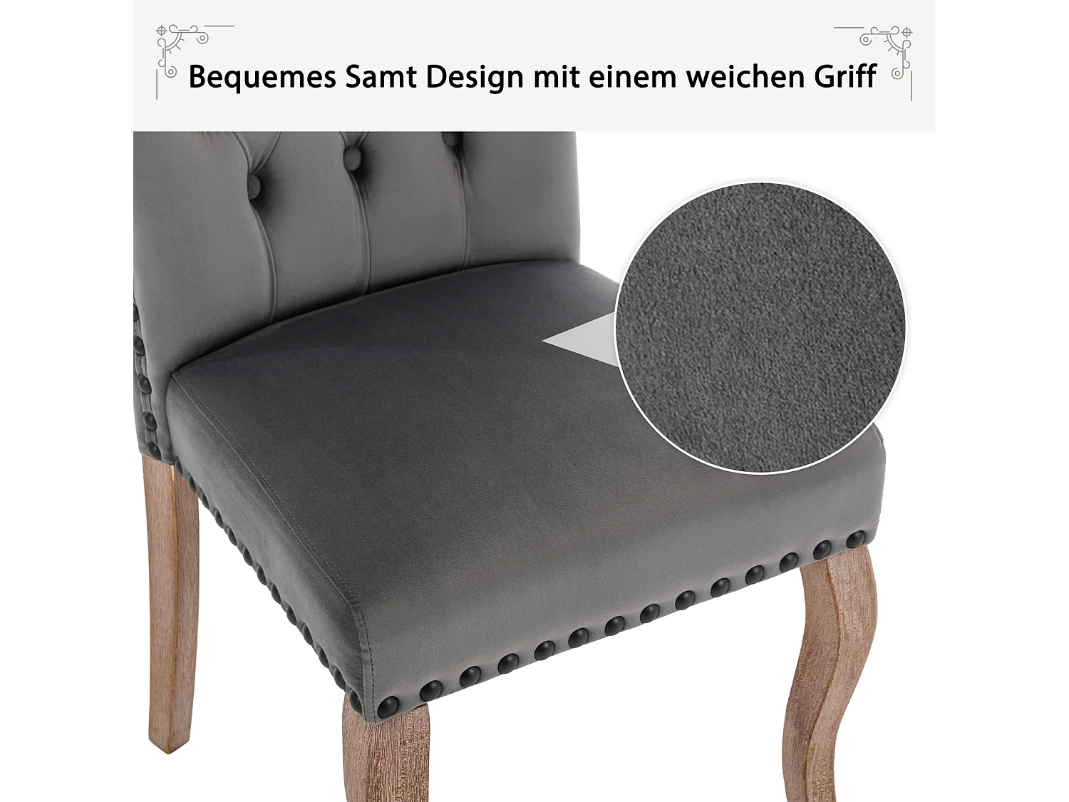 Eetkamerstoelset van 6, gestoffeerde stoel met spijkerkopafwerking, poten van massief hout, fluwelen bekleding, grijs, met deurklopperontwerp