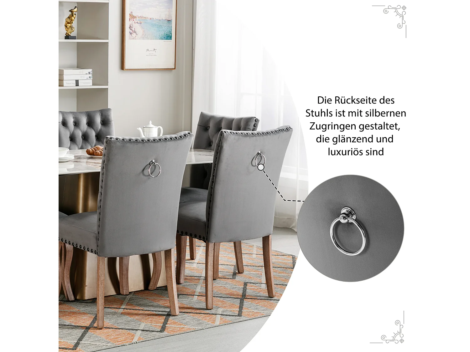 Eetkamerstoelset van 6, gestoffeerde stoel met spijkerkopafwerking, poten van massief hout, fluwelen bekleding, grijs, met deurklopperontwerp