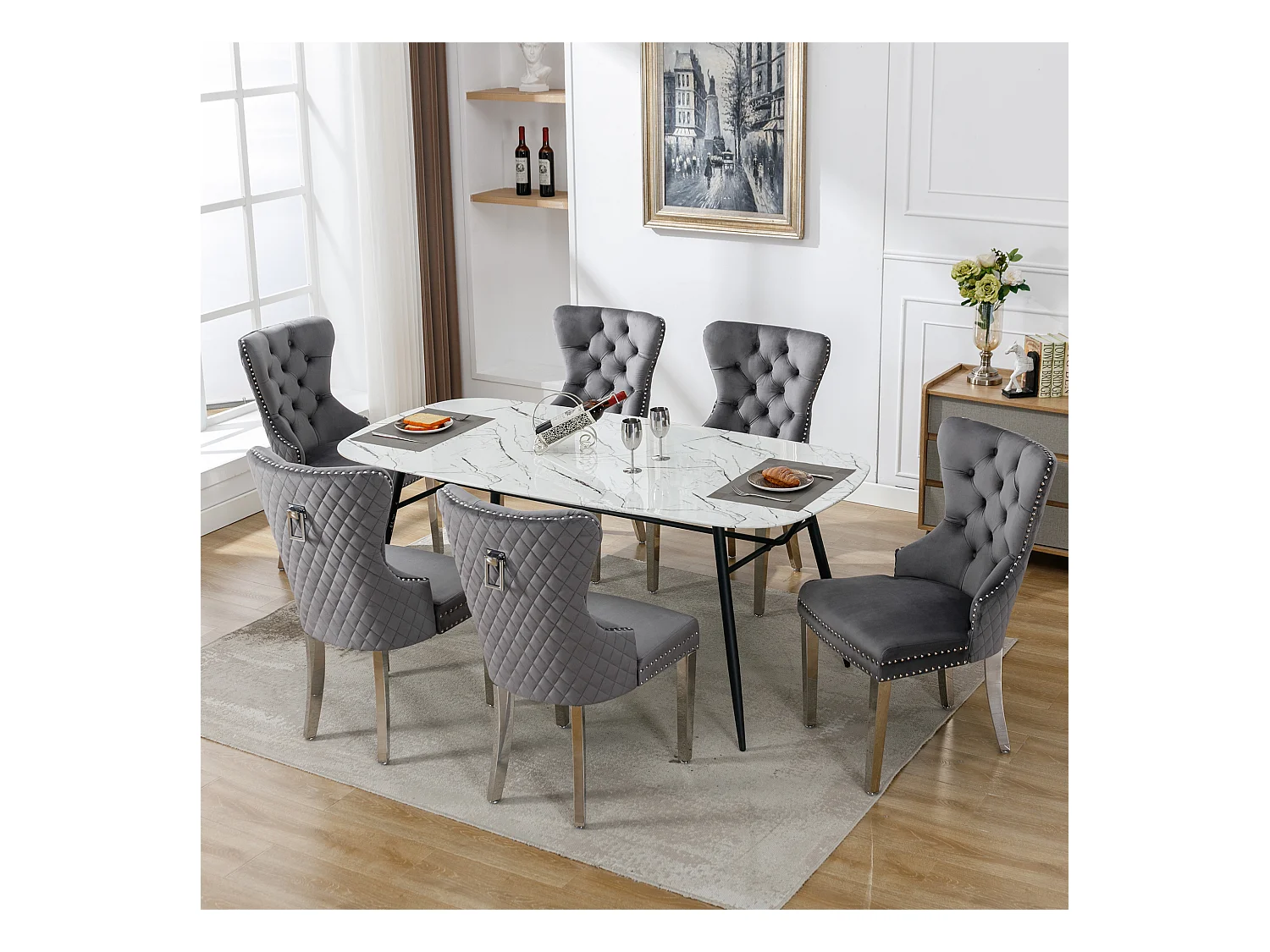 Set van 6 eetkamerstoelen, bekleed met spijkerkopafwerking, metalen steunpoten, fluwelen bekleding, grijs, met deurklopperontwerp