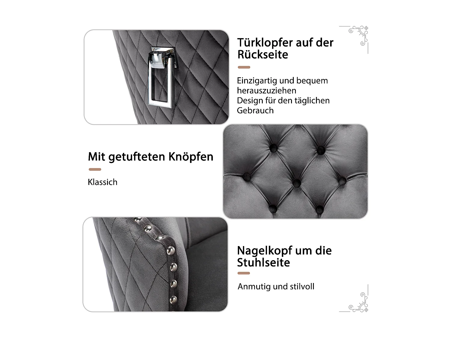 Set van 6 eetkamerstoelen, bekleed met spijkerkopafwerking, metalen steunpoten, fluwelen bekleding, grijs, met deurklopperontwerp