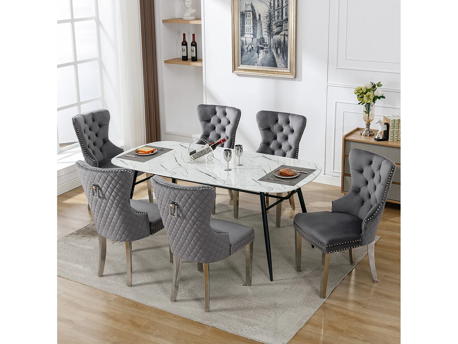 Ensemble de 6 chaises de salle à manger, tapissées avec garniture cloutée, pieds de support en métal, revêtement en velours, gris, avec motif heurtoir de porte