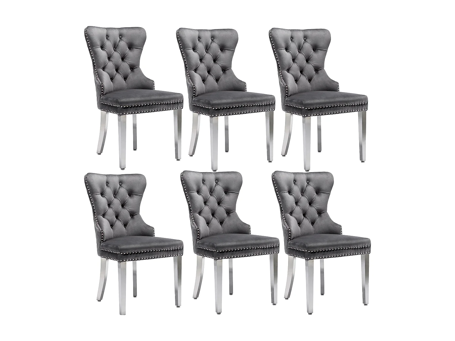 Ensemble de 6 chaises de salle à manger, tapissées avec garniture cloutée, pieds de support en métal, revêtement en velours, gris, avec motif heurtoir de porte