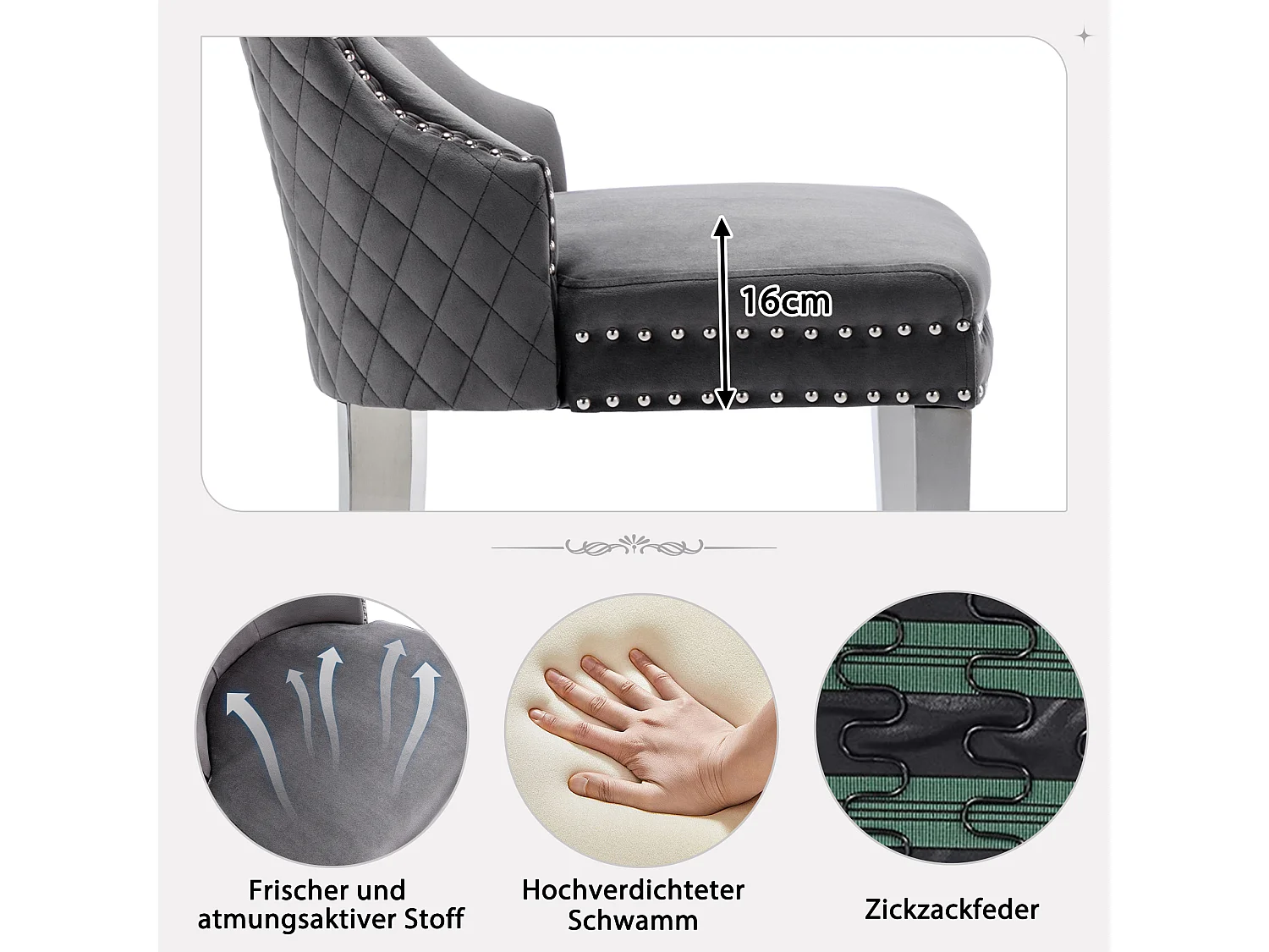 Ensemble de 6 chaises de salle à manger, tapissées avec garniture cloutée, pieds de support en métal, revêtement en velours, gris, avec motif heurtoir de porte