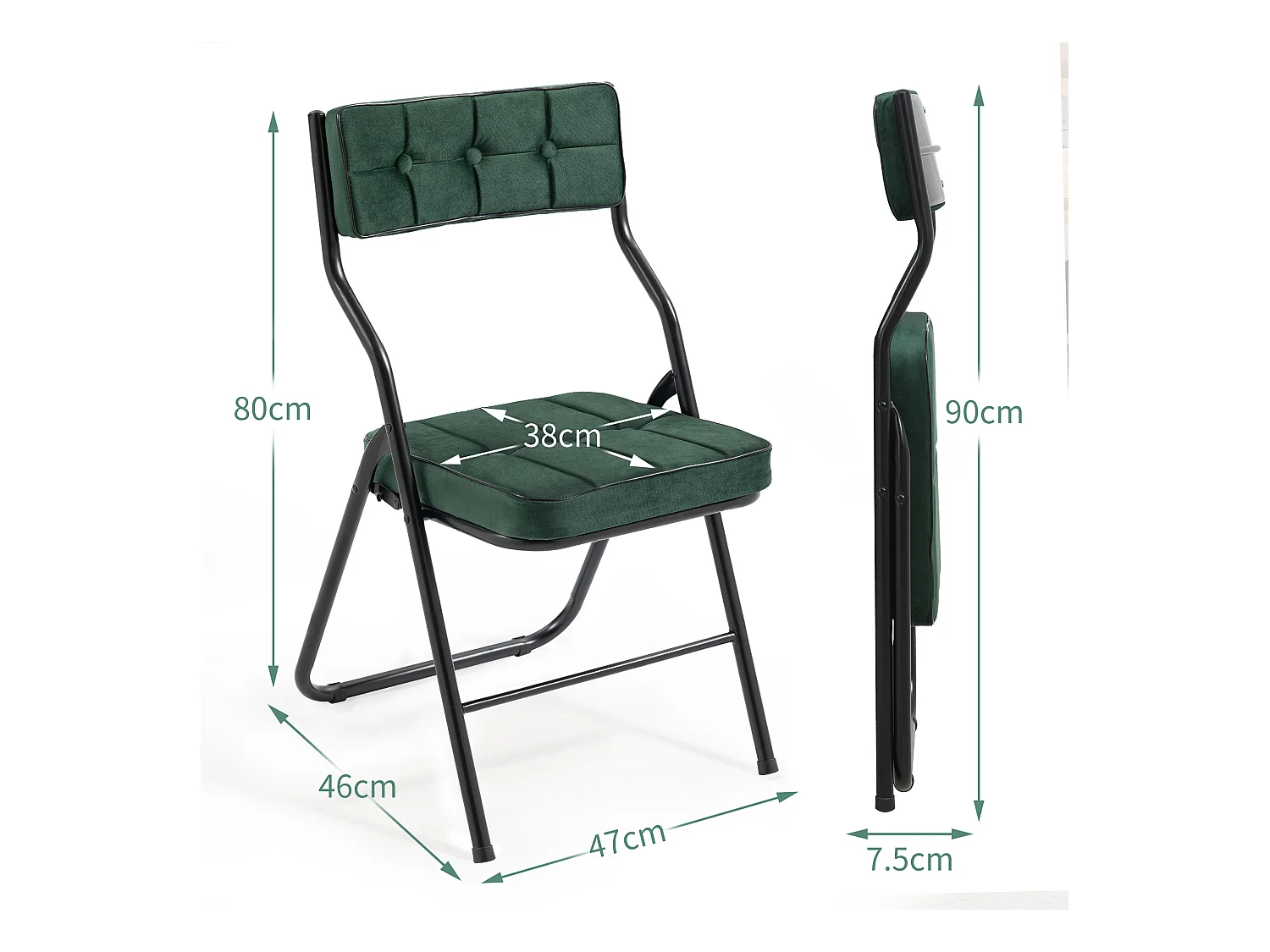 Opvouwbare stoelenset van 2, opvouwbare eetkamerstoelen met kussen, draagbaar, voor gasten, keuken en kantoor, groen