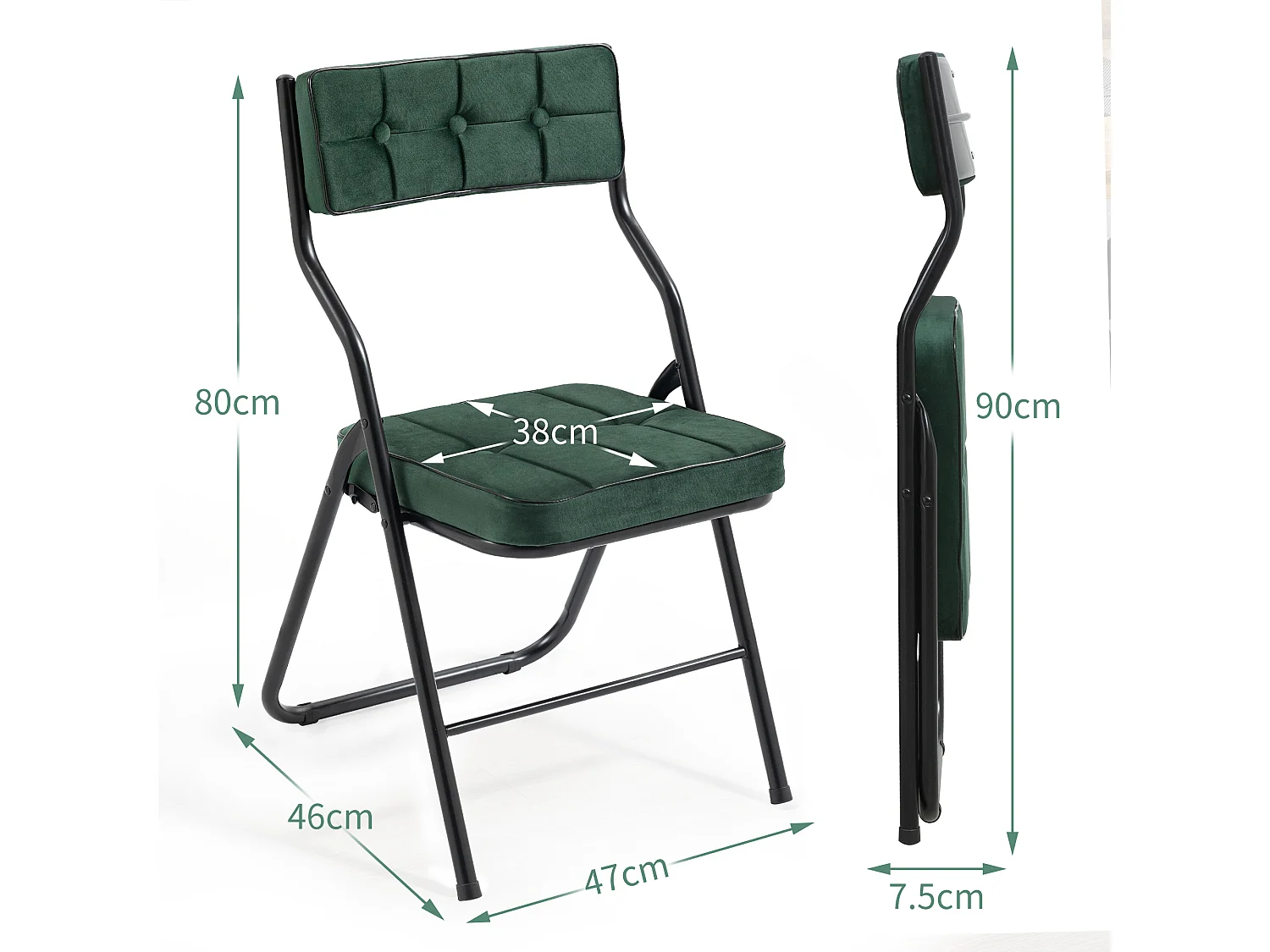 Opvouwbare stoelenset van 2, opvouwbare eetkamerstoelen met kussen, draagbaar, voor gasten, keuken en kantoor, groen