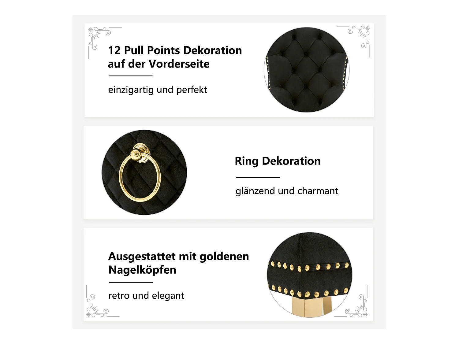 Eetkamerstoelset van 2, gestoffeerde stoel met spijkerkopafwerking, steunpoten van verguld roestvrij staal, fluweel, zwart/goud, met ronde trekringen