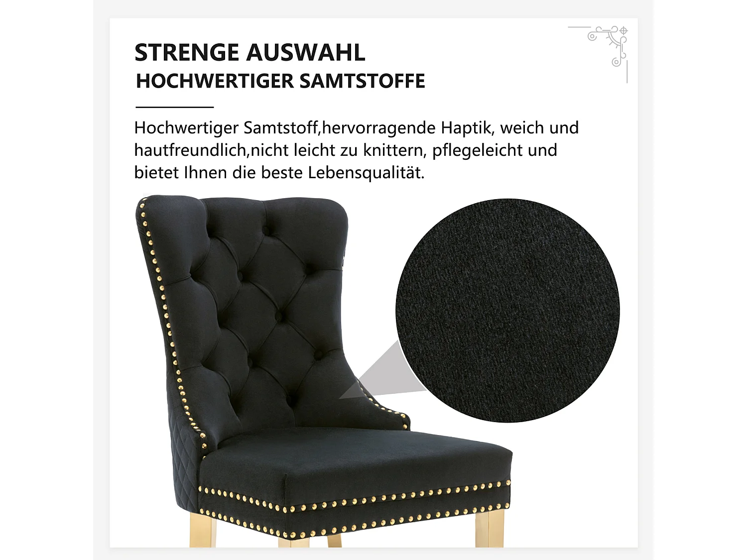 Eetkamerstoelset van 2, gestoffeerde stoel met spijkerkopafwerking, steunpoten van verguld roestvrij staal, fluweel, zwart/goud, met ronde trekringen