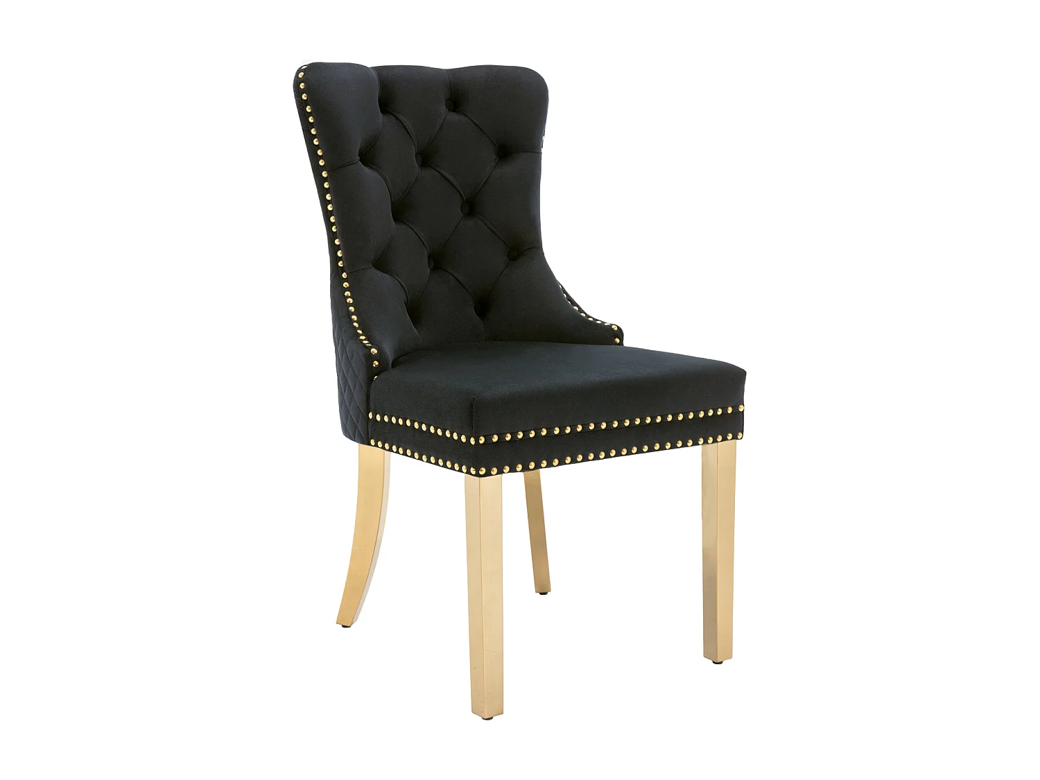 Ensemble de 2 chaises noir et or velours, dossier à anneaux et cloutage décoratif. Siège rembourré, pieds en acier plaqué or. Luxe moderne et confort.