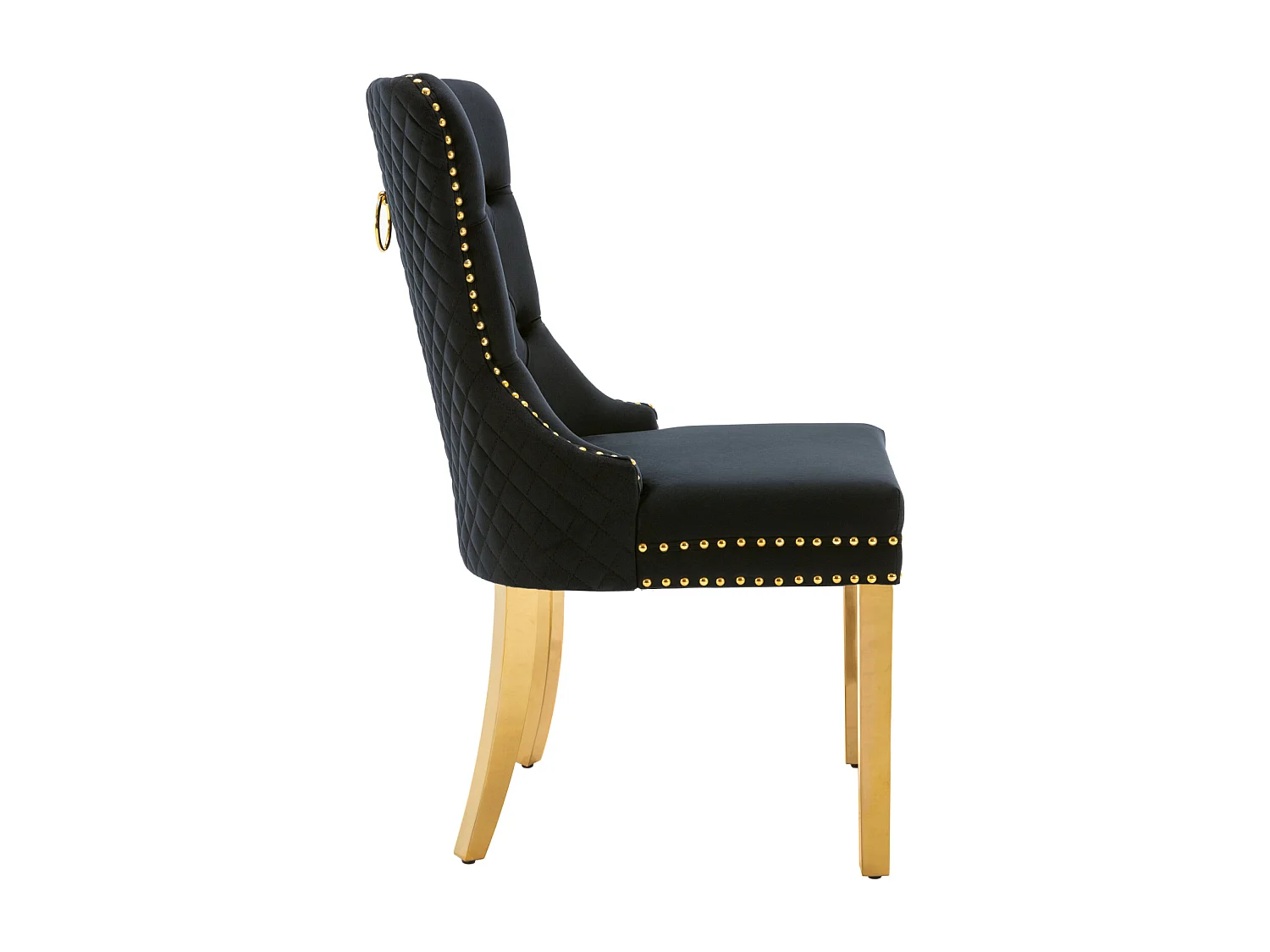 Ensemble de 2 chaises noir et or velours, dossier à anneaux et cloutage décoratif. Siège rembourré, pieds en acier plaqué or. Luxe moderne et confort.