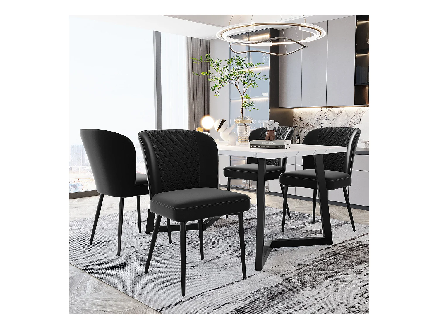 Eetkamerstoelset van 4, zwart, gestoffeerd stoelontwerp met rugleuning, fluweel, metalen frame