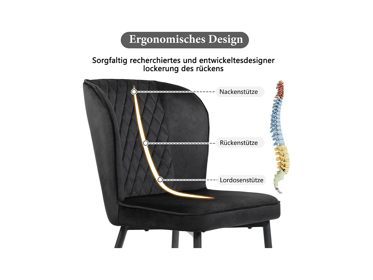 Eetkamerstoelset van 4, zwart, gestoffeerd stoelontwerp met rugleuning, fluweel, metalen frame