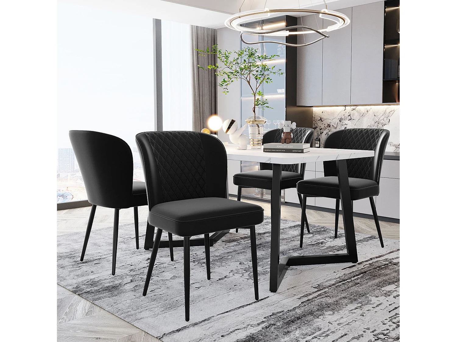 Conjunto de 4 cadeiras de jantar, pretas, estofadas com encosto, veludo, estrutura de metal