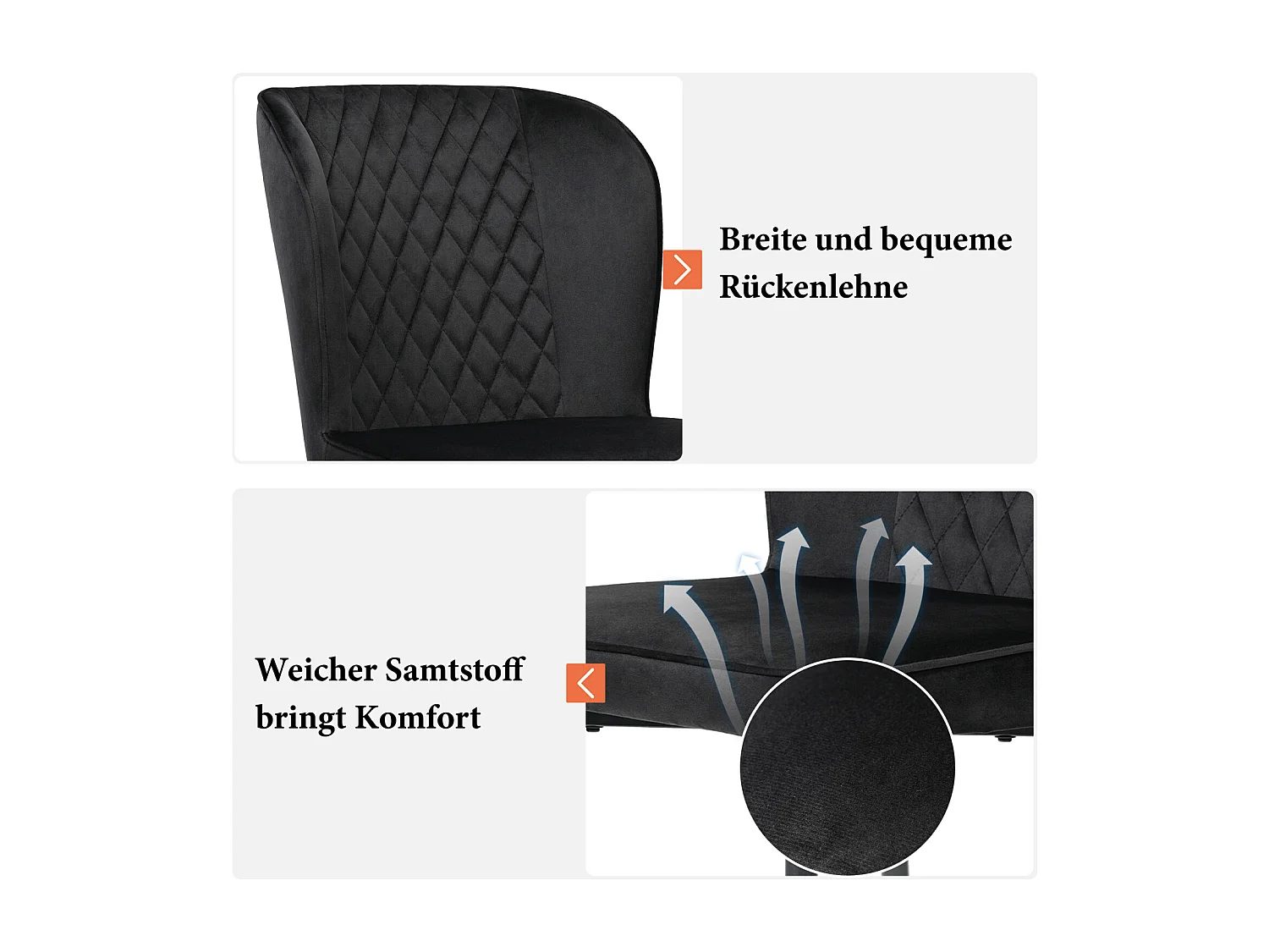 Conjunto de 4 cadeiras de jantar, pretas, estofadas com encosto, veludo, estrutura de metal