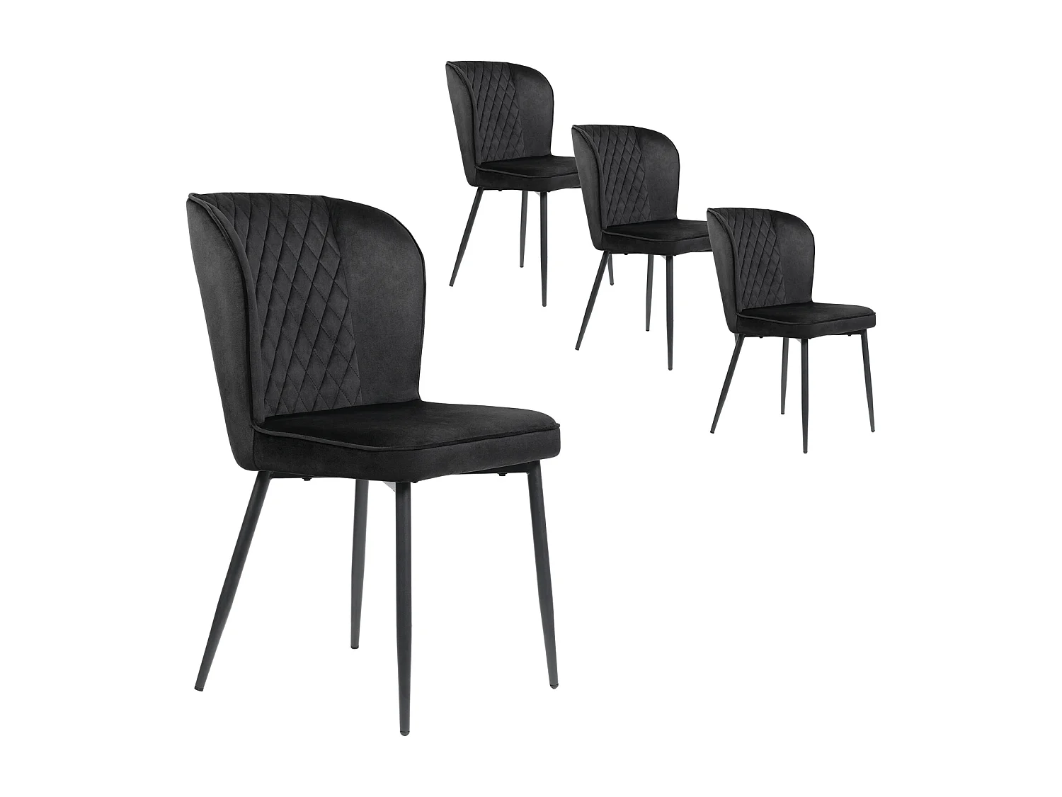 Conjunto de 4 cadeiras de jantar, pretas, estofadas com encosto, veludo, estrutura de metal