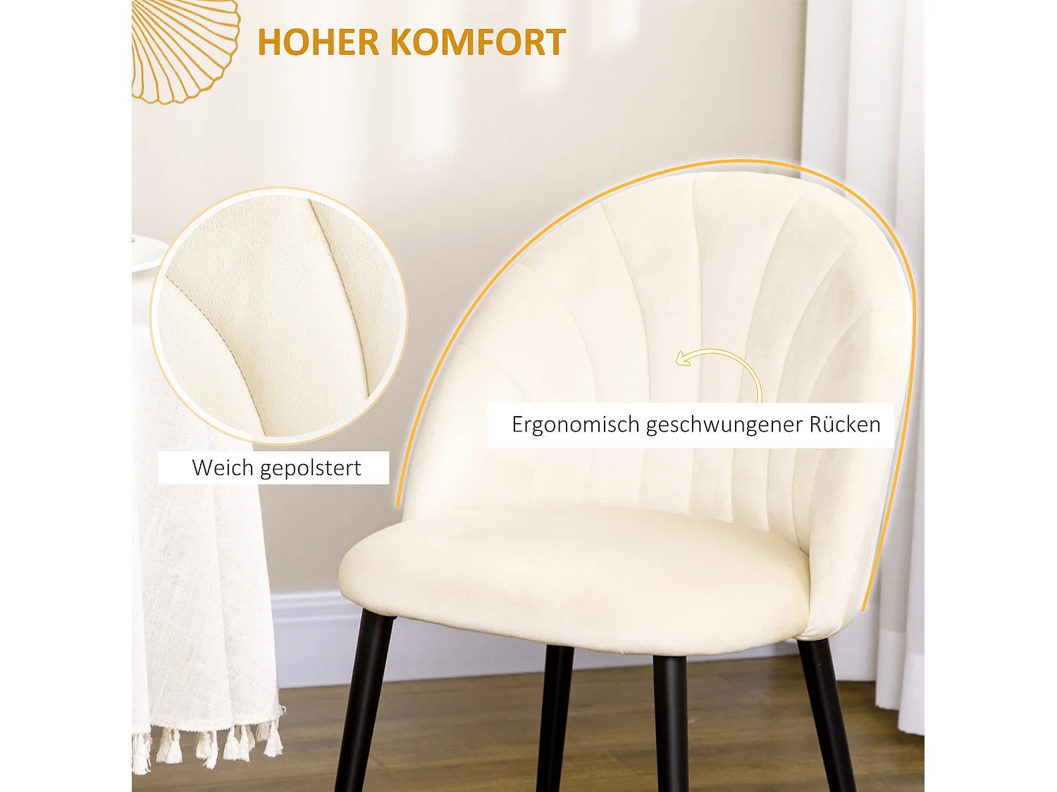 Esszimmerstühle 2er-Set, Komfortable Polsterstühle mit Rückenlehne in Samtoptik, Stahlbeinen, Creme