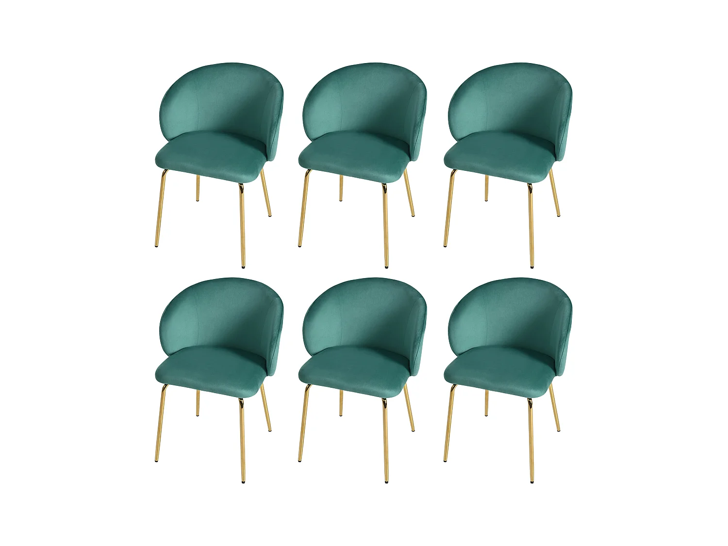 Set van 6 moderne eetkamerstoelen met fluwelen bekleding, armleuningen, gouden metalen poten, groen
