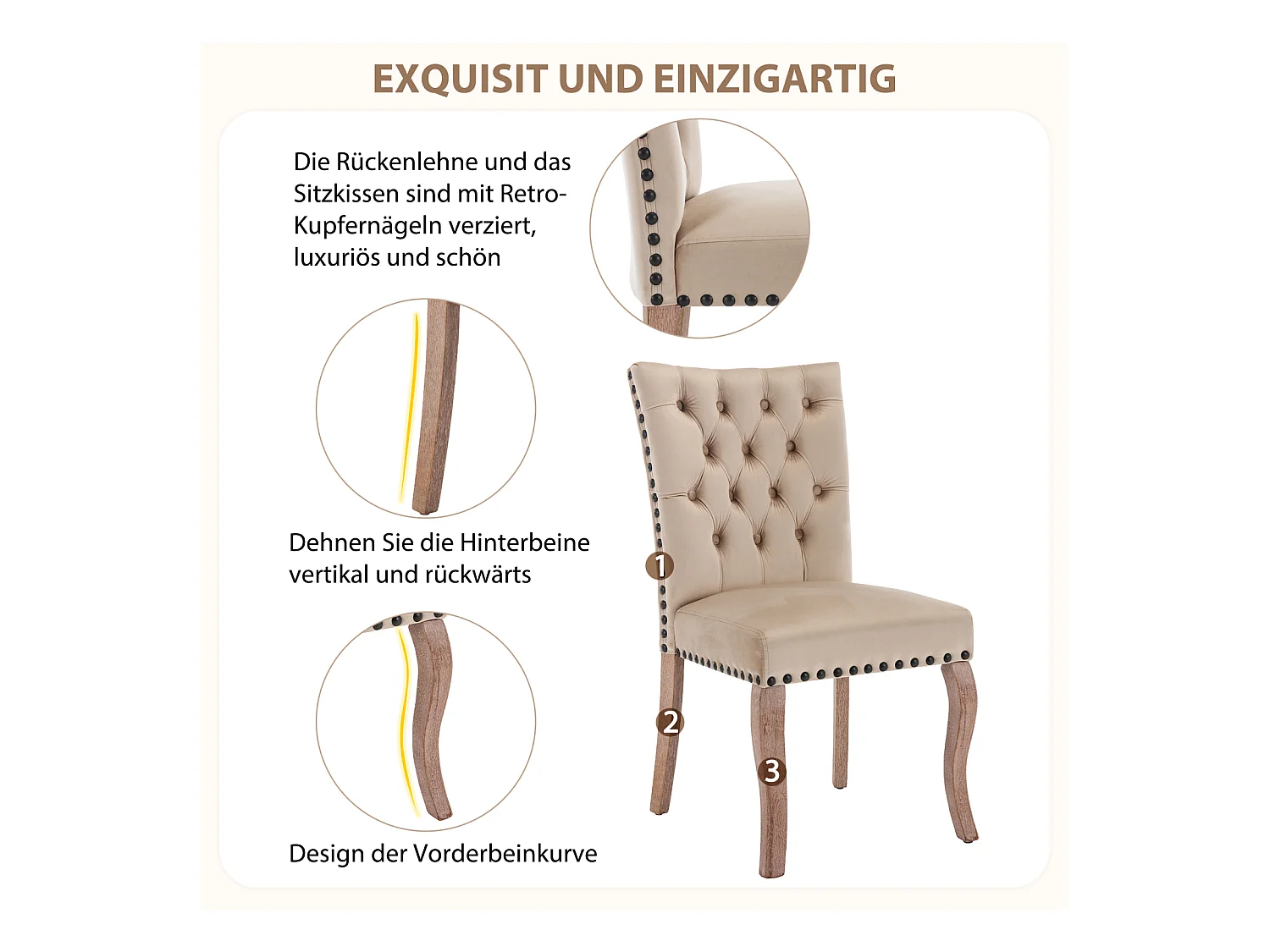 Set di 4 sedie da pranzo, sedia imbottita con finiture a borchie, gambe in legno massello, rivestimento in velluto, cammello chiaro, con design a batacchio.