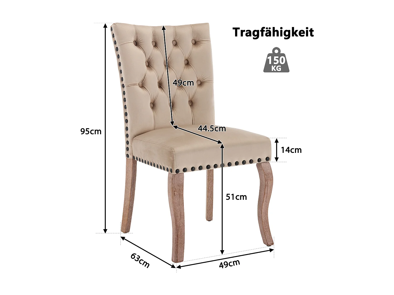 Ensemble de 4 chaises camel velours, dossier à motif heurtoir et cloutage décoratif. Siège rembourré confortable, pieds en bois massif. Élégance rétro assurée.