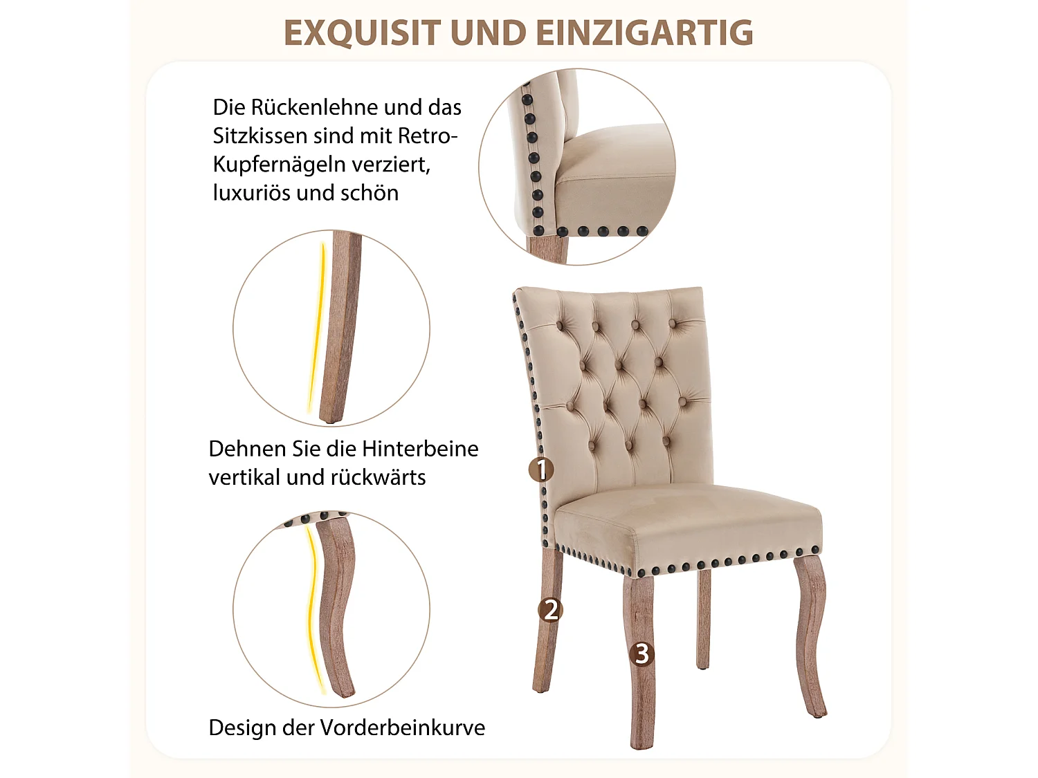 Ensemble de 4 chaises camel velours, dossier à motif heurtoir et cloutage décoratif. Siège rembourré confortable, pieds en bois massif. Élégance rétro assurée.