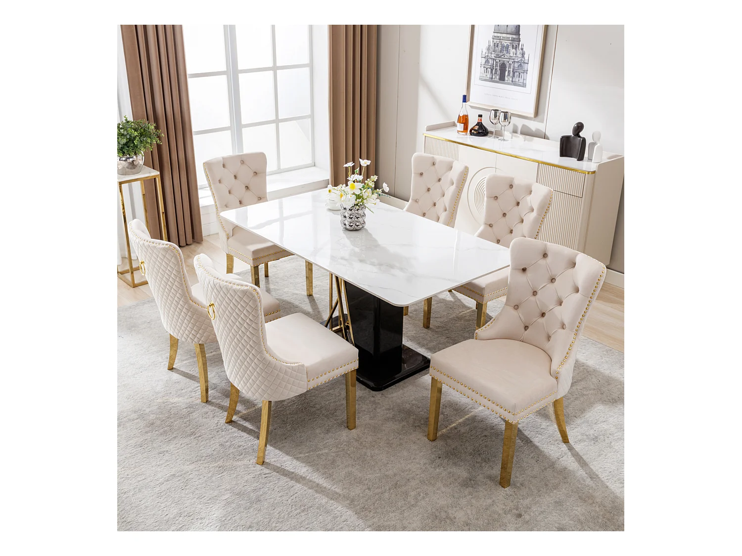 Set di 6 sedie da pranzo, imbottite con dettagli a borchie, gambe in acciaio inossidabile placcato oro, rivestimento in velluto, beige/oro, con design a batacchio.