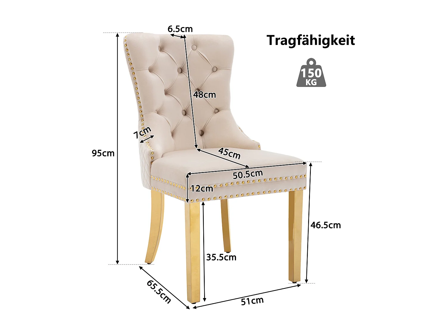 Ensemble de 6 chaises beige et or velours, dossier motif heurtoir et détails de clous. Pieds en acier plaqué or. Élégance contemporaine et confort.